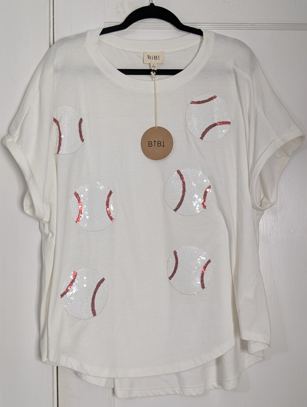 NWT BiBi Women's L White Sequin Patch Baseball Mom Top Oversized Game Day Shirt